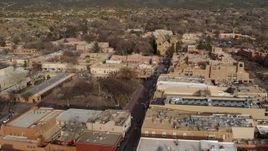 5.7K aerial stock footage reverse view of Santa Fe Plaza, cathedral and San Francisco Street, Santa Fe, New Mexico Aerial Stock Footage | DX0002_131_026