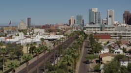 5.7K aerial stock footage fly over city park palm trees toward tall office buildings in Downtown Phoenix, Arizona Aerial Stock Footage | DX0002_137_040