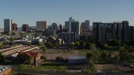 5.7K aerial stock footage flyby and away from cultural center, hotel and condo complex in Downtown Phoenix, Arizona Aerial Stock Footage | DX0002_138_017