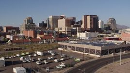 5.7K aerial stock footage fly past train station and government building with view of skyline in Downtown Phoenix, Arizona Aerial Stock Footage | DX0002_142_024