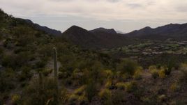 5.7K aerial stock footage fly over a small peak with cactus plants, reveal homes and golf course in Tucson, Arizona Aerial Stock Footage | DX0002_145_006