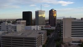 5.7K aerial stock footage of Bank of America Plaza and neighboring office towers during decent in Downtown Tucson, Arizona Aerial Stock Footage | DX0002_146_026