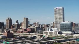 5.7K aerial stock footage of a view of city buildings and skyscraper in Downtown Milwaukee, Wisconsin Aerial Stock Footage | DX0002_149_005