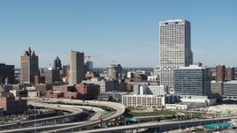 5.7K aerial stock footage of passing by city buildings and skyscraper in Downtown Milwaukee, Wisconsin Aerial Stock Footage | DX0002_149_006