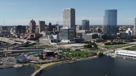 5.7K aerial stock footage of a view of tall skyscrapers seen from Milwaukee Bay, Downtown Milwaukee, Wisconsin Aerial Stock Footage | DX0002_149_032