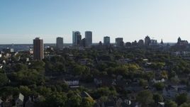 5.7K aerial stock footage of a wide view of the city's skyline in Downtown Milwaukee, Wisconsin Aerial Stock Footage | DX0002_150_001