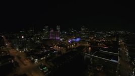 5.7K aerial stock footage a stationary view of the city skyline at night, Downtown Milwaukee, Wisconsin Aerial Stock Footage | DX0002_151_017
