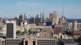5.7K aerial stock footage of the Downtown Milwaukee, Wisconsin skyline seen from the university Aerial Stock Footage | DX0002_152_004