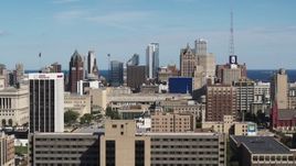 5.7K aerial stock footage of flying by the city's skyline in Downtown Milwaukee, Wisconsin seen from the university Aerial Stock Footage | DX0002_152_005
