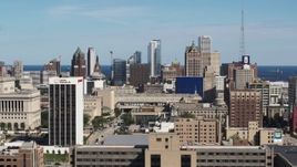 5.7K aerial stock footage of slowly passing the city's skyline in Downtown Milwaukee, Wisconsin Aerial Stock Footage | DX0002_152_008