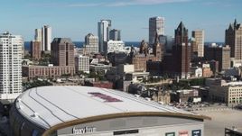 5.7K aerial stock footage stationary view of the city's skyline from arena in Downtown Milwaukee, Wisconsin Aerial Stock Footage | DX0002_152_030
