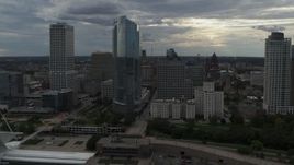 5.7K aerial stock footage of approaching skyscrapers from the art museum by Lake Michigan in Downtown Milwaukee, Wisconsin Aerial Stock Footage | DX0002_154_005