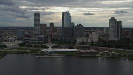5.7K aerial stock footage orbit city skyline and the art museum by Lake Michigan in Downtown Milwaukee, Wisconsin Aerial Stock Footage | DX0002_154_010