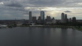 5.7K aerial stock footage of the city's waterfront skyline seen from Lake Michigan in Downtown Milwaukee, Wisconsin Aerial Stock Footage | DX0002_154_012