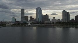 5.7K aerial stock footage approach city's waterfront skyline from Lake Michigan in Downtown Milwaukee, Wisconsin Aerial Stock Footage | DX0002_154_014