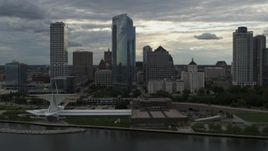 5.7K aerial stock footage approach city's waterfront museum and skyline from Lake Michigan in Downtown Milwaukee, Wisconsin Aerial Stock Footage | DX0002_154_015