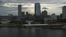 5.7K aerial stock footage flying by tall skyscrapers and a museum, Downtown Milwaukee, Wisconsin Aerial Stock Footage | DX0002_154_021