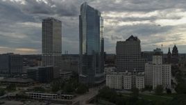 5.7K aerial stock footage of a view of tall skyscrapers, Downtown Milwaukee, Wisconsin Aerial Stock Footage | DX0002_154_025