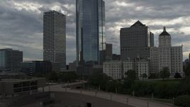 5.7K aerial stock footage of a view of tall skyscrapers while descending, Downtown Milwaukee, Wisconsin Aerial Stock Footage | DX0002_154_026