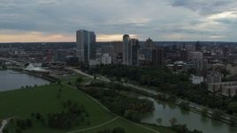 5.7K aerial stock footage flyby and away from Veterans Park and skyline of Downtown Milwaukee, Wisconsin Aerial Stock Footage | DX0002_154_045