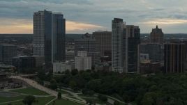 5.7K aerial stock footage slowly flyby the city's skyline at sunset, Downtown Milwaukee, Wisconsin Aerial Stock Footage | DX0002_155_004