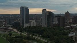 5.7K aerial stock footage a view of the city's skyline at sunset, Downtown Milwaukee, Wisconsin Aerial Stock Footage | DX0002_155_009