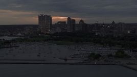 5.7K aerial stock footage slowly flyby marina and the city's skyline at twilight, Downtown Milwaukee, Wisconsin Aerial Stock Footage | DX0002_155_036
