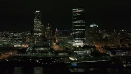 5.7K aerial stock footage stationary view of two skyscrapers at night, Downtown Milwaukee, Wisconsin Aerial Stock Footage | DX0002_157_025