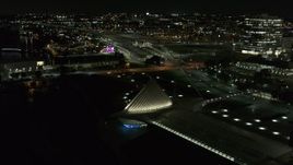 5.7K aerial stock footage orbit lakefront museum rooftop at night, Downtown Milwaukee, Wisconsin Aerial Stock Footage | DX0002_157_027