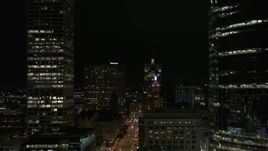5.7K aerial stock footage flyby Wisconsin Avenue and skyscrapers at night, Downtown Milwaukee, Wisconsin Aerial Stock Footage | DX0002_157_054