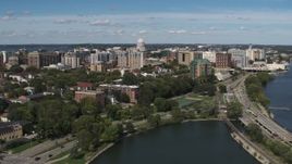 5.7K aerial stock footage flyby and away from apartment complexes near capitol dome in Madison, Wisconsin Aerial Stock Footage | DX0002_158_013