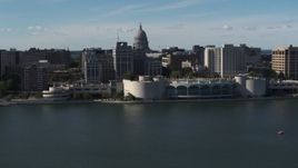 5.7K aerial stock footage flyby and approach convention center with capitol and office buildings in background, Madison, Wisconsin Aerial Stock Footage | DX0002_160_008