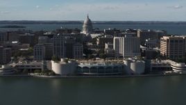 5.7K aerial stock footage of slowly passing the convention center with capitol and office buildings in background, Madison, Wisconsin Aerial Stock Footage | DX0002_160_012