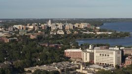 5.7K aerial stock footage of the capitol dome and downtown seen from hospital, Madison, Wisconsin Aerial Stock Footage | DX0002_161_007