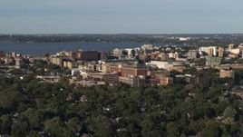 5.7K aerial stock footage of approaching a hospital near downtown, Madison, Wisconsin Aerial Stock Footage | DX0002_161_011