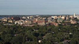5.7K aerial stock footage of orbiting a hospital near downtown during descent, Madison, Wisconsin Aerial Stock Footage | DX0002_161_012