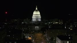 5.7K aerial stock footage of circling the capital dome at night, Madison, Wisconsin Aerial Stock Footage | DX0002_162_044