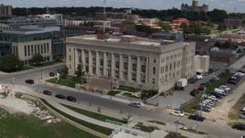 5.7K aerial stock footage orbiting front of the Des Moines Police Department building in Des Moines, Iowa Aerial Stock Footage | DX0002_165_007