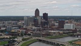 5.7K aerial stock footage of the city's skyline seen from the Cedar River, Downtown Des Moines, Iowa Aerial Stock Footage | DX0002_165_030