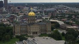 5.7K aerial stock footage orbit the front of the Iowa State Capitol with the city in the background, Des Moines, Iowa Aerial Stock Footage | DX0002_166_011