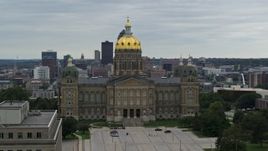 5.7K aerial stock footage circling around the front of the Iowa State Capitol, skyline in the background, Des Moines, Iowa Aerial Stock Footage | DX0002_166_013