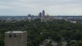 5.7K aerial stock footage of a wide view of the city's skyline and state capitol, Downtown Des Moines, Iowa Aerial Stock Footage | DX0002_166_018