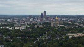 5.7K aerial stock footage of the city's skyline behind the state capitol, Downtown Des Moines, Iowa Aerial Stock Footage | DX0002_166_020