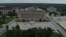 5.7K aerial stock footage orbit and fly away from a state government office building, Des Moines, Iowa Aerial Stock Footage | DX0002_166_031