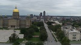 5.7K aerial stock footage view of distant skyline, approach state library and pass capitol, Downtown Des Moines, Iowa Aerial Stock Footage | DX0002_166_035