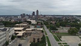 5.7K aerial stock footage of flying toward the distant skyline from the capitol grounds, Downtown Des Moines, Iowa Aerial Stock Footage | DX0002_166_037
