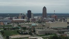 5.7K aerial stock footage of the city's skyline and skyscraper in Downtown Des Moines, Iowa, seen from the hospital Aerial Stock Footage | DX0002_167_004
