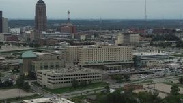 5.7K aerial stock footage reverse view of a hospital in Des Moines, Iowa Aerial Stock Footage | DX0002_167_007