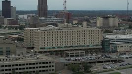 5.7K aerial stock footage orbit top floors of a hospital in Des Moines, Iowa Aerial Stock Footage | DX0002_167_010
