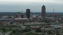 5.7K aerial stock footage flyby the city's skyline and skyscraper in Downtown Des Moines, Iowa, and descend Aerial Stock Footage | DX0002_167_013